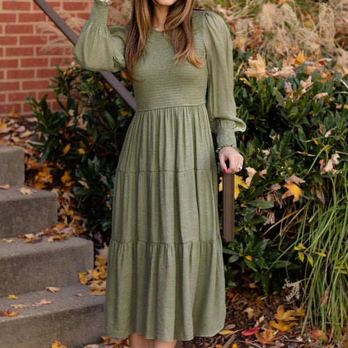 Midi dress for women with balloon sleeves and a ruffle detail Amarae