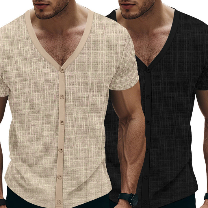 Men's Short Sleeve Henley T-Shirt with Textured Design and Fashionable V-Neck Lune London