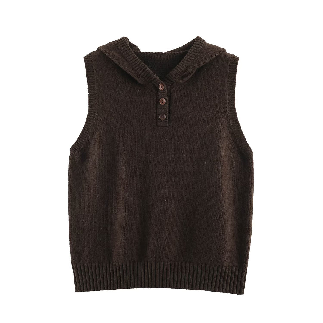 Women's fine knit vest with hood, button placket, and ribbed waistband Amarae