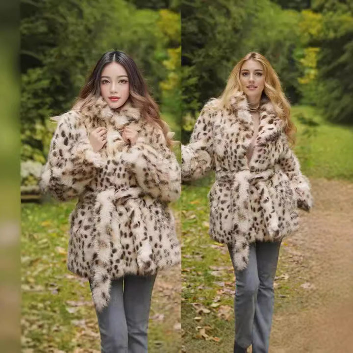 Elegant faux fur coat for women with belt and leopard print Lune London