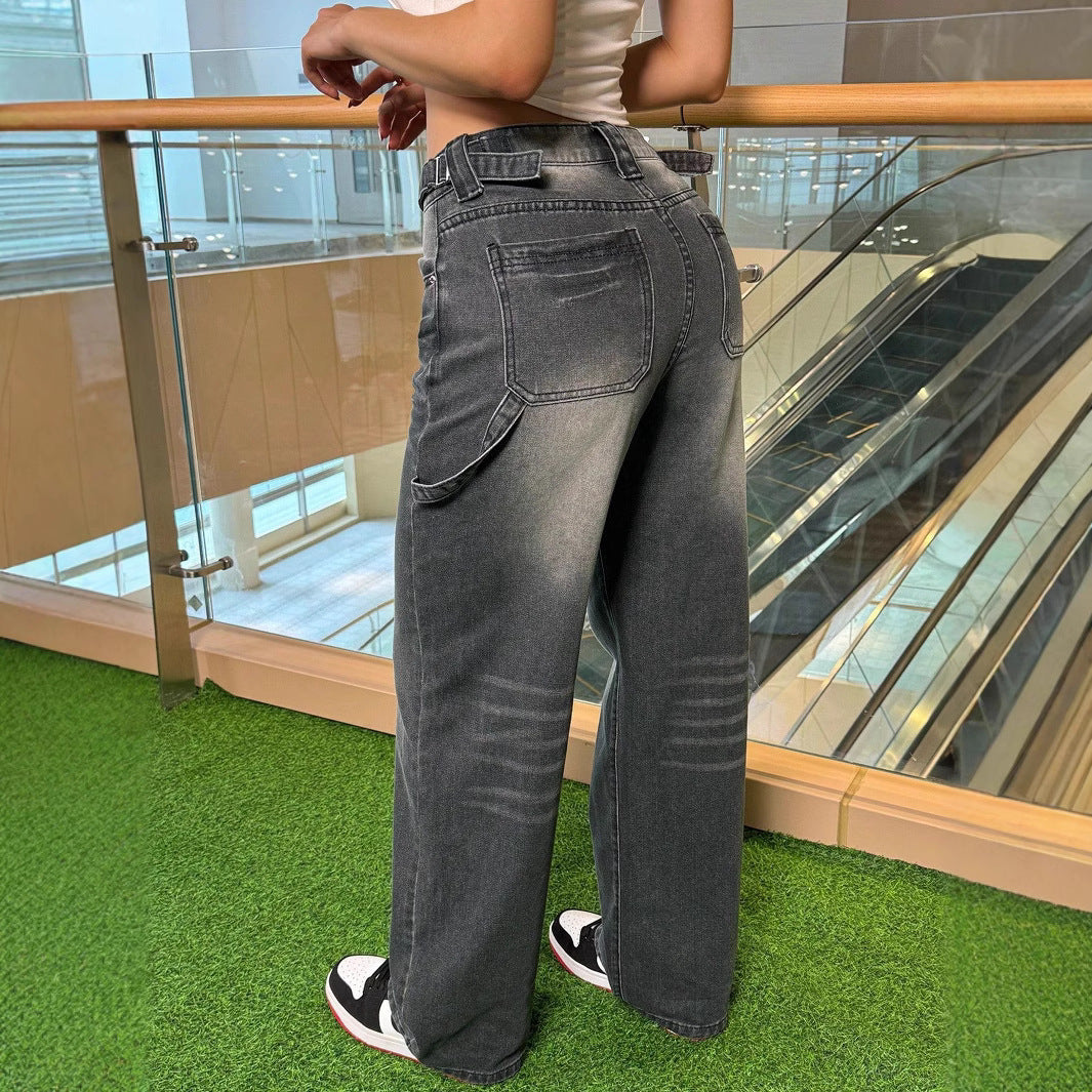 Women's High-Waisted Casual Wide-Leg Denim Pants with Vintage Wash and Extra Length Amarae