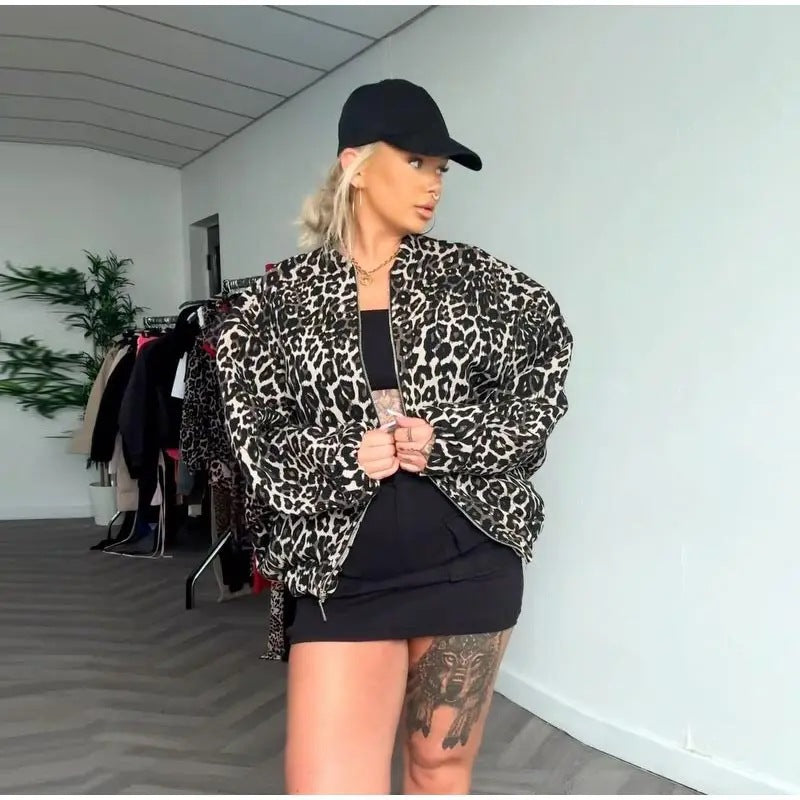 Lune London Women's Fashion Leopard Print Bomber Jacket
