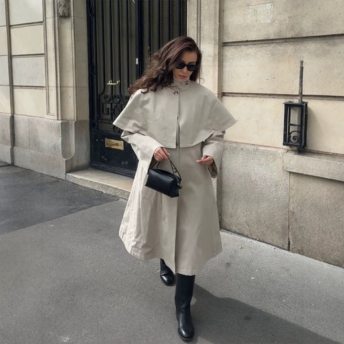 Ladies Oversize Trench Coat with Cape Detail and High Stand Collar Amarae
