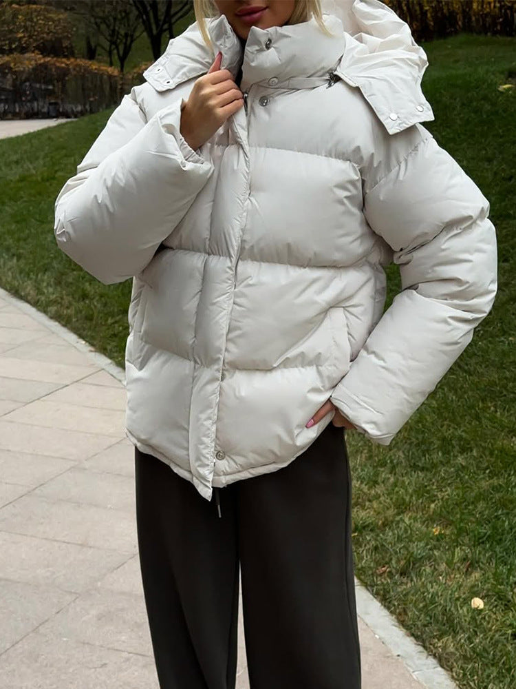 Ladies Short Windproof Quilted Puffer Jacket with Removable Hood and High Stand Collar Amarae