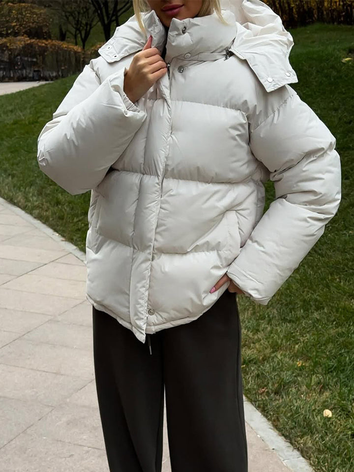 Ladies Short Windproof Quilted Puffer Jacket with Removable Hood and High Stand Collar Amarae