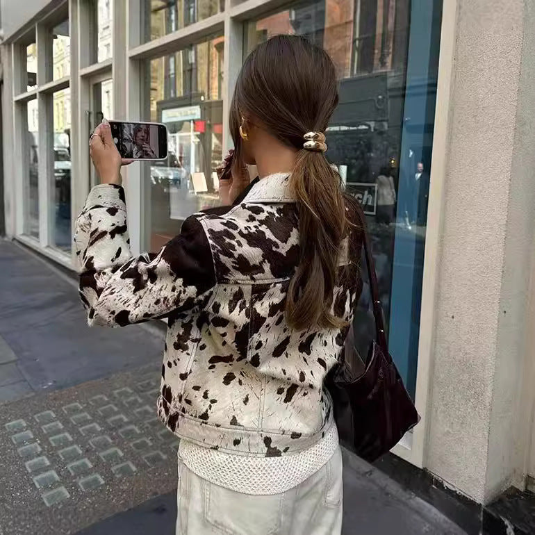 Ladies short-cut western trucker jacket with cow spot look and applied chest pockets Amarae