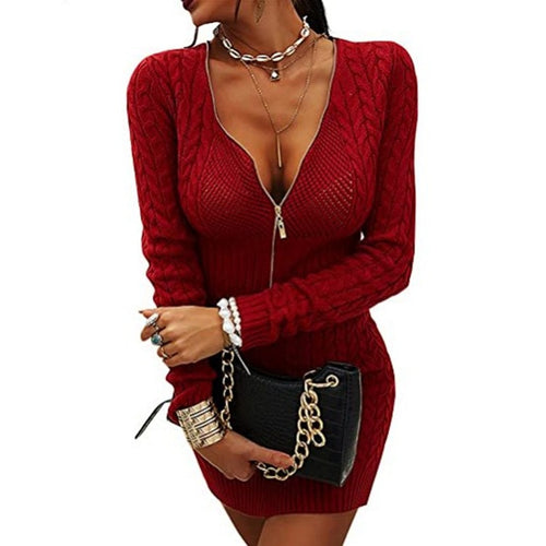 Knit dress for women with deep V-neck and zipper Amarael