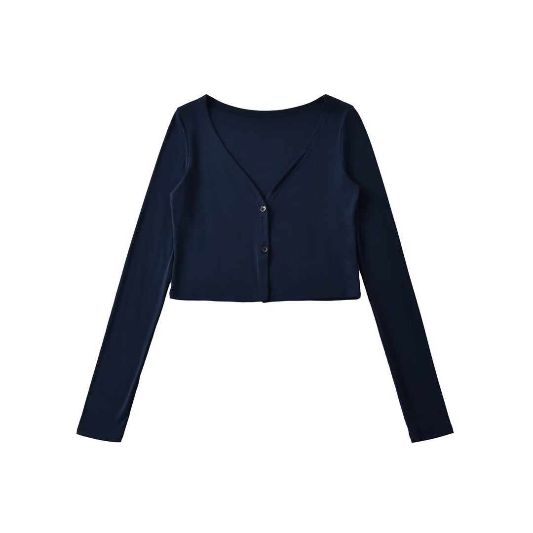 Women Cropped Jersey Cardigan with Deep V-Neck and Narrow Button Placket Amarae