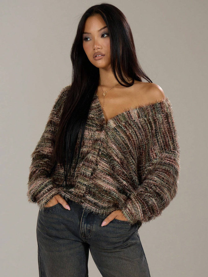 Women's Fluffy Chunky Knit Cardigan with V-Neck Amarae