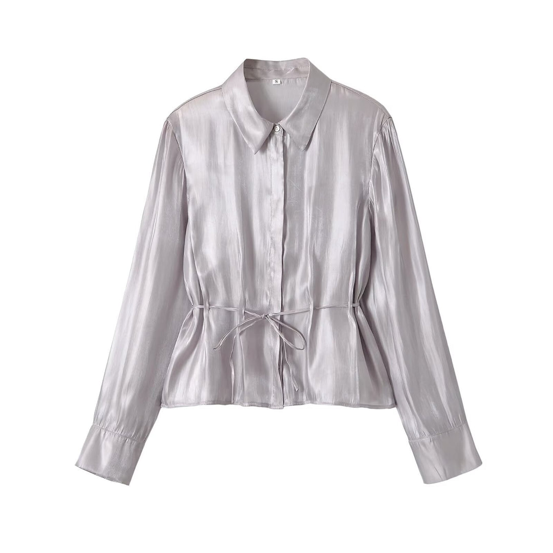 Ladies silk matte tailored shirt blouse with drawstring and concealed button placket Amarae