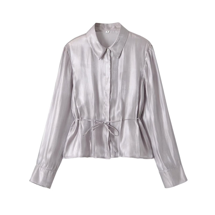 Ladies silk matte tailored shirt blouse with drawstring and concealed button placket Amarae