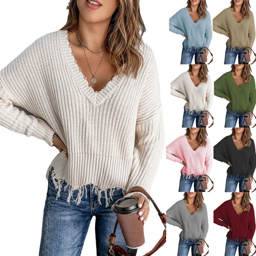 Casual V neck sweater for women with fringes and textured knit Amarae