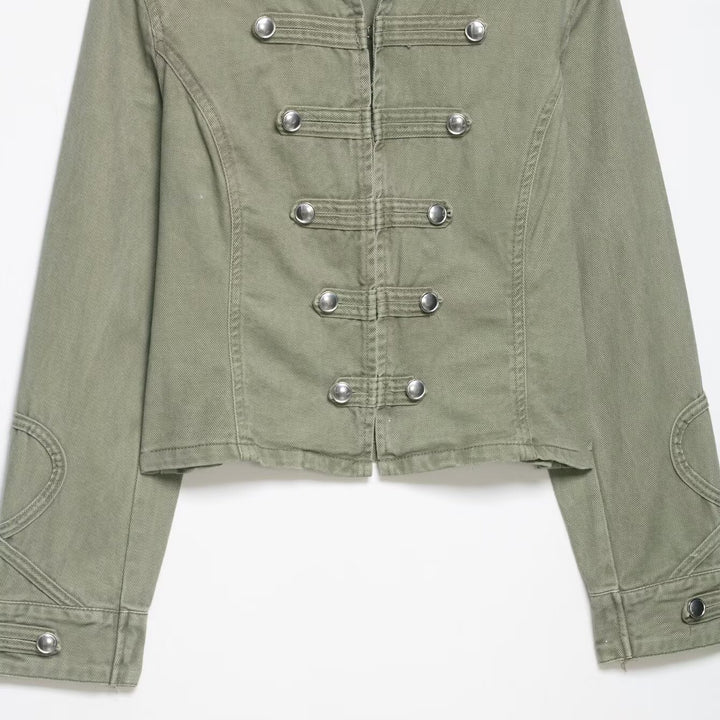 Women's short jacket in military look with stand-up collar, decorative flaps, and quilted sleeve patches Amarae