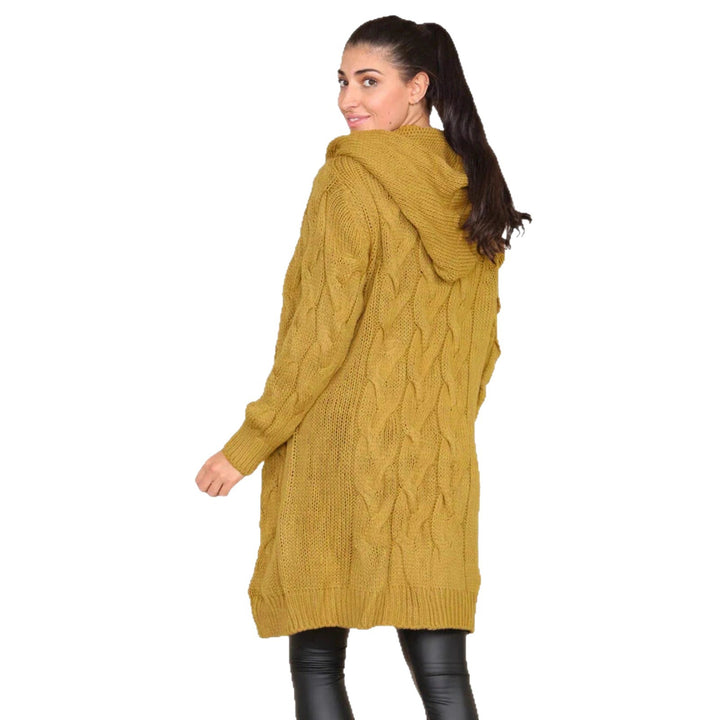 Ladies Chunky Knit Hoodie-Coat with Braid Design and Deep Pockets Lune London