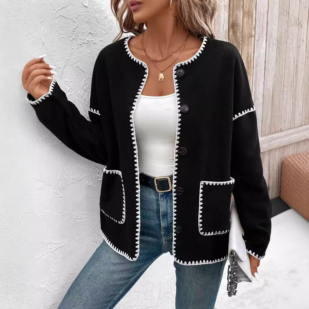 Fashion knitted jacket for women with decorative contrasting trim and large pockets Lune London
