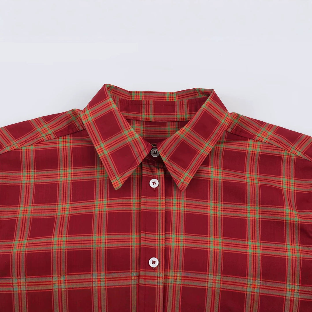 Women Oversized Check Blouse with Continuous Button Placket and Shirt Collar Amarae