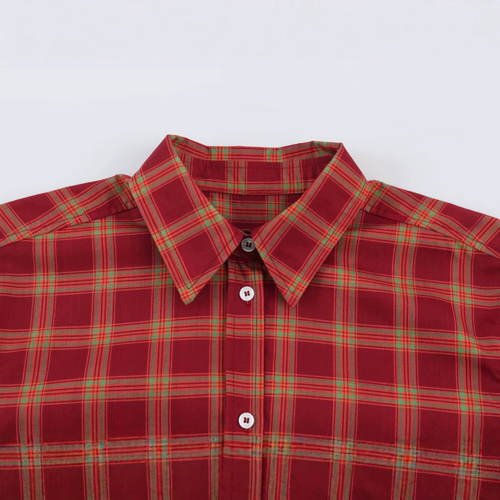 Women Oversized Check Blouse with Continuous Button Placket and Shirt Collar Amarae
