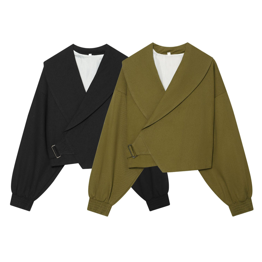 Women's short jacket with wide sailor collar, balloon sleeves, and asymmetrical buckle closure Amarae