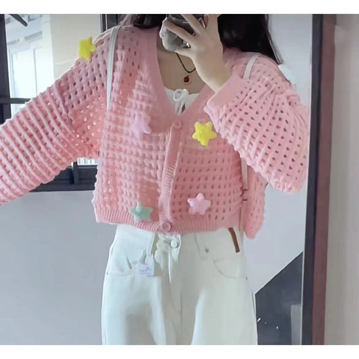 Ladies lightweight cardigan with colorful star appliqués and drawstring Lune London