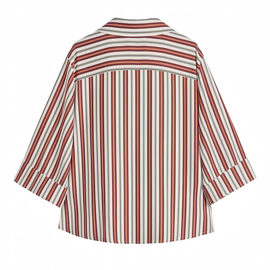 Women's loosely cut wrap blouse with shirt collar, three-quarter sleeves, and stripe pattern Amarae