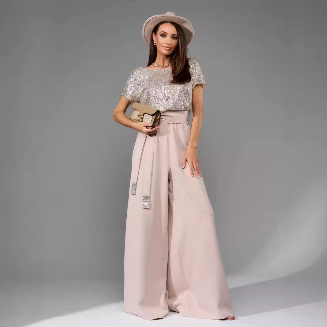 Women's Glittering Jumpsuit with Wide Leg and Waist Belt Lune London