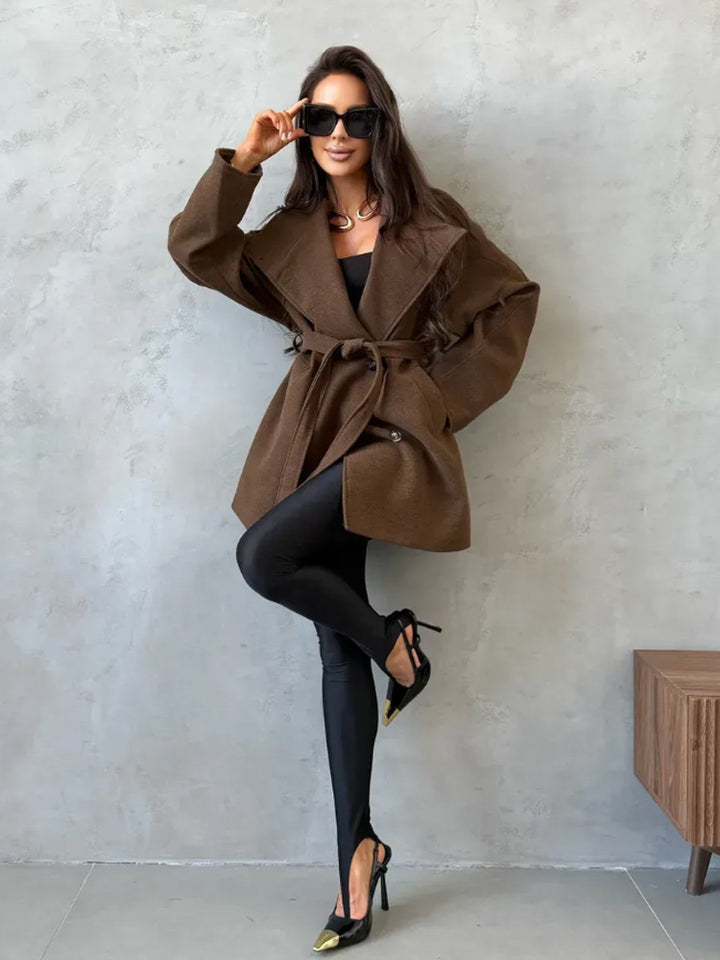 Women's short coat in cocoon cut made of wool blend with oversized shawl collar and tie belt Amarae