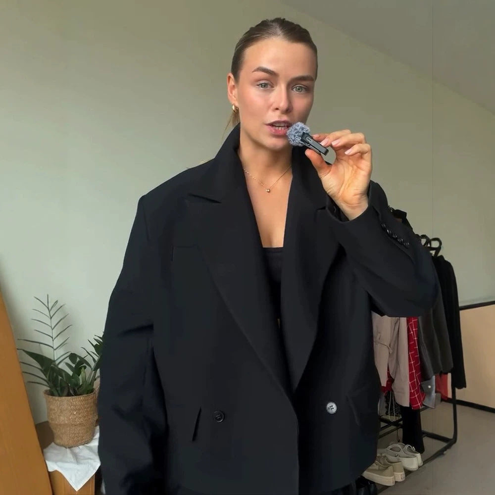 Women Asymmetric Cropped Boxy Jacket with High Stand Collar and Structured Shoulder Area Amarae