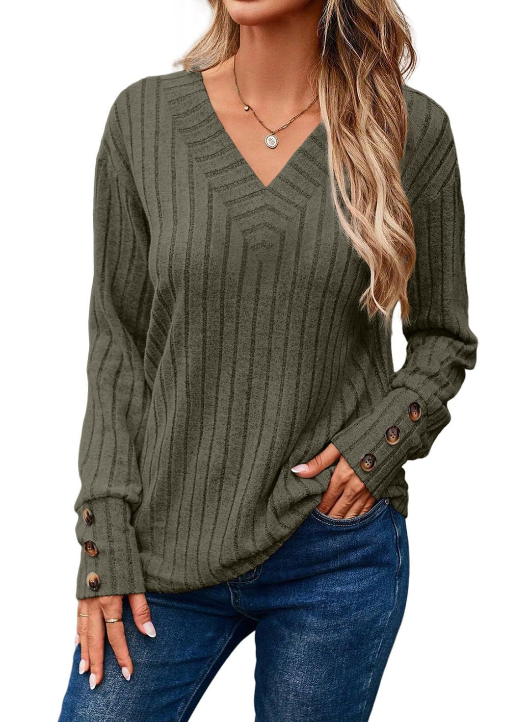 Women's Ribbed V-Neck Knit Sweater with Button Cuffs Amarae