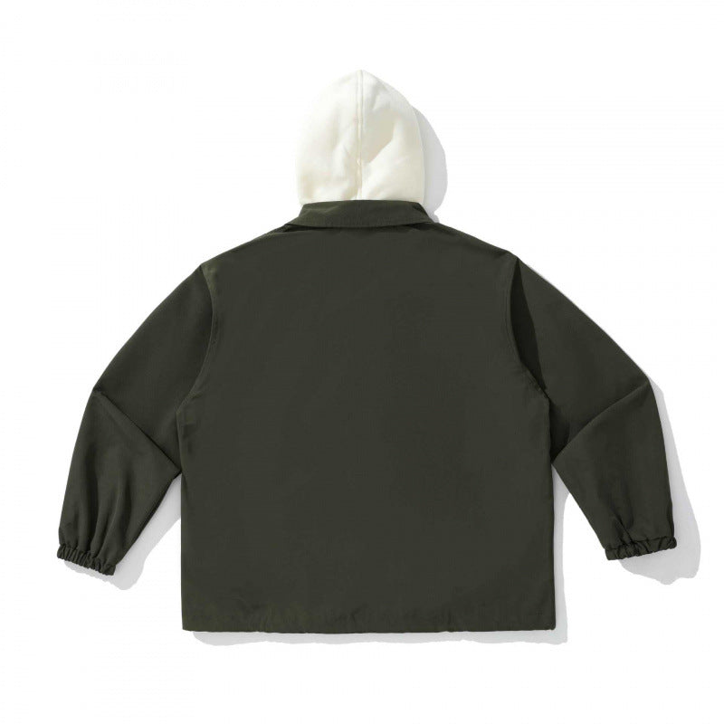 Unisex Two-Layer Overshirt Jacket with Attached Fleece Hood and Snap Button Placket Amarae