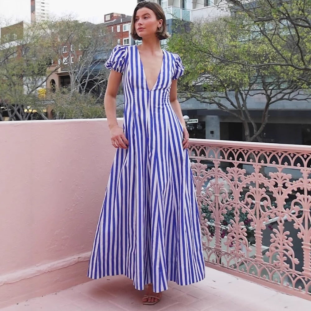 Women's maxi dress with deep V-neck and voluminous sleeves Lune London