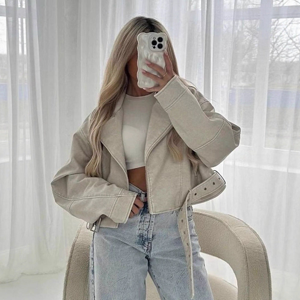 Women Short-Cut Biker Jacket Made of Faux Leather with Waist Belt Amarae