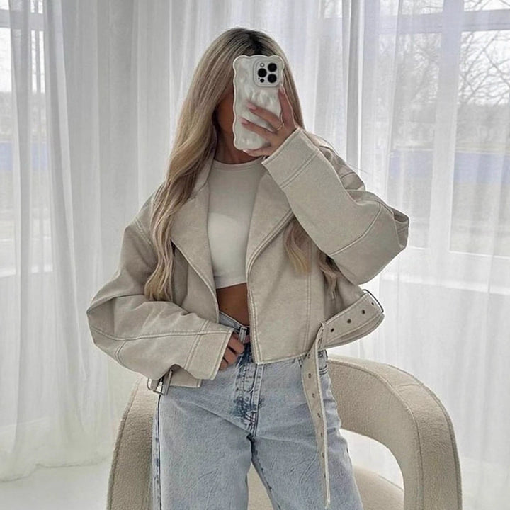 Women Short-Cut Biker Jacket Made of Faux Leather with Waist Belt Amarae
