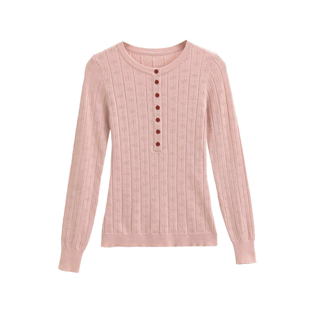 Women's fine knit long sleeve with button placket and textured knit Amarae