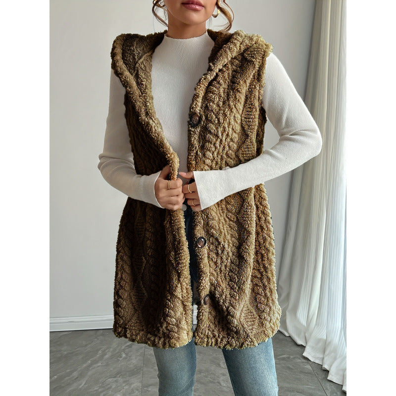 Women's Hooded Teddy Vest with Structured Cable Knit Pattern and Decorative Button Placket Amarae