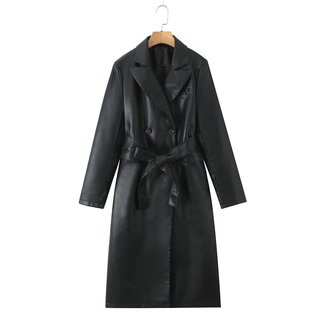 Synthetic leather trench coat for women with a waist belt and stylish pocket seams Lune London