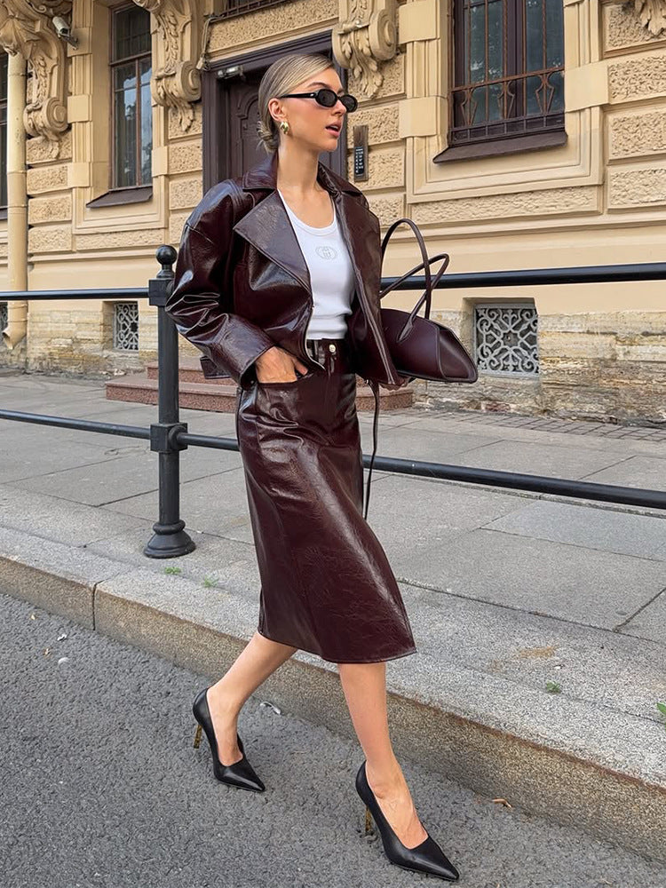 Women's Patent Leather Biker Jacket with Oversized Lapels, Boxy Cut & Visible Zipper Amarae