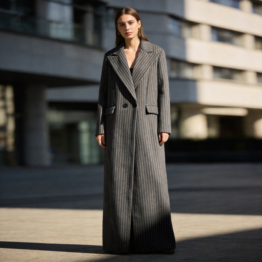 Ladies Longline Coat with Pinstripes and Double-Breasted Button Placket Amarae