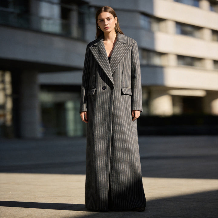 Ladies Longline Coat with Pinstripes and Double-Breasted Button Placket Amarae