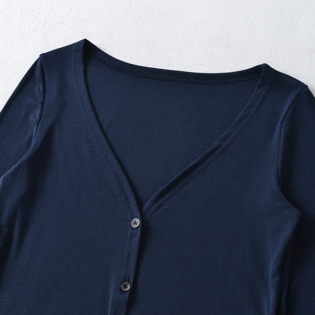Women Cropped Jersey Cardigan with Deep V-Neck and Narrow Button Placket Amarae