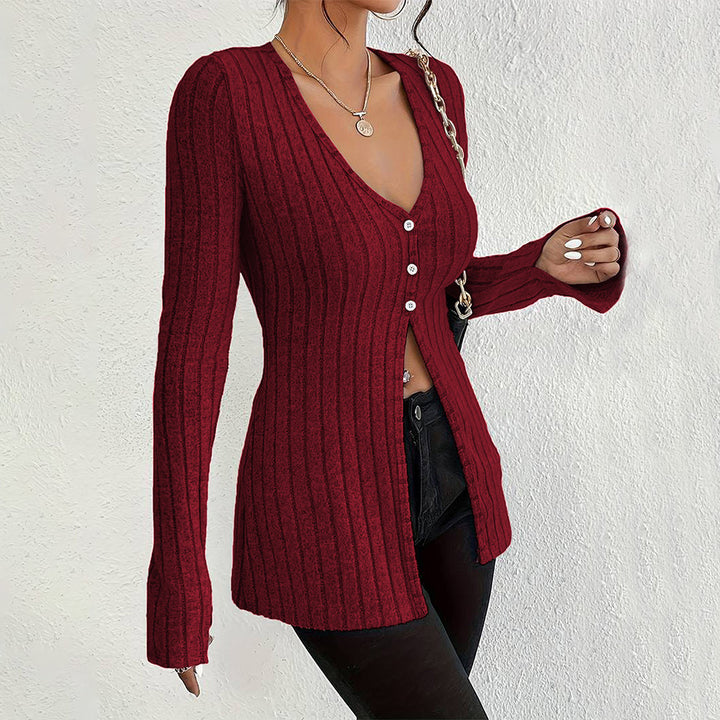 Cardigan long à manches longues pour femmes avec une fine structure en côtes et des détails de boutons élégants Chic & Stil