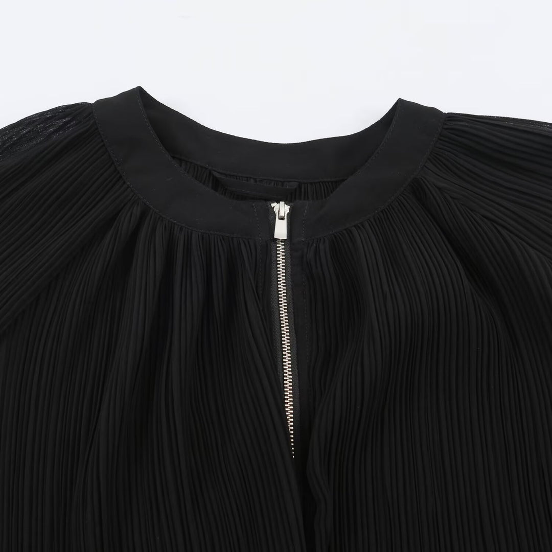 Women's pleated bomber jacket with balloon sleeves, full-length zipper and ruffled hem Amarae