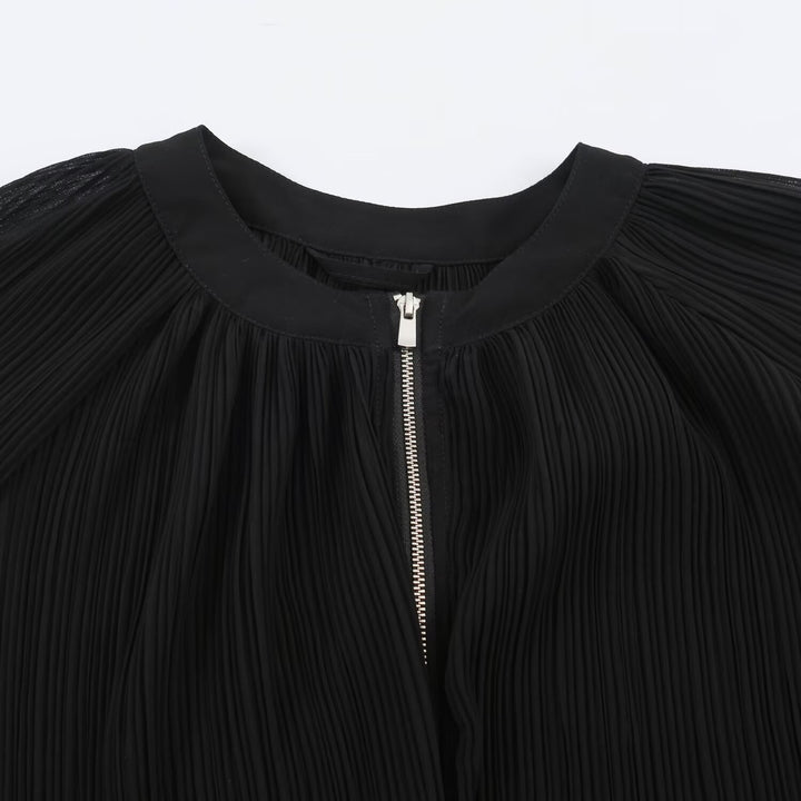Women's pleated bomber jacket with balloon sleeves, full-length zipper and ruffled hem Amarae