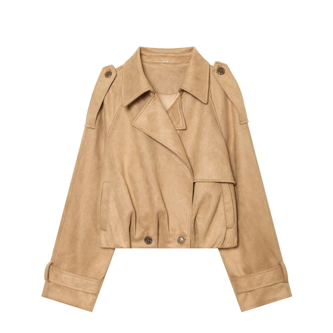 Women Short Cut Trench Jacket in Suede Look with Epaulettes and Buckle Cuffs Amarae