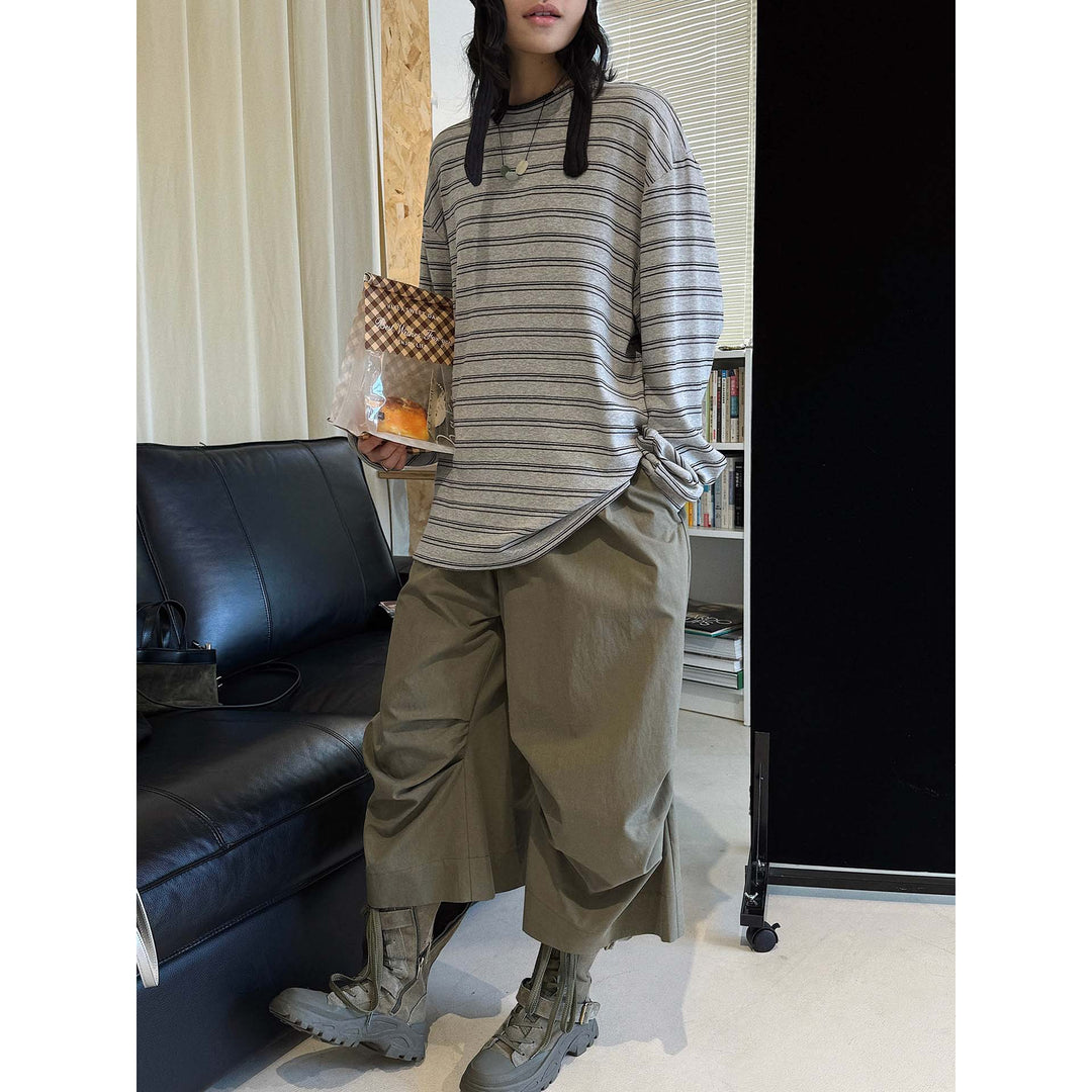 Women Casual Oversized Long Sleeve Shirt with Fine Striped Pattern and Dropped Shoulder Amarae