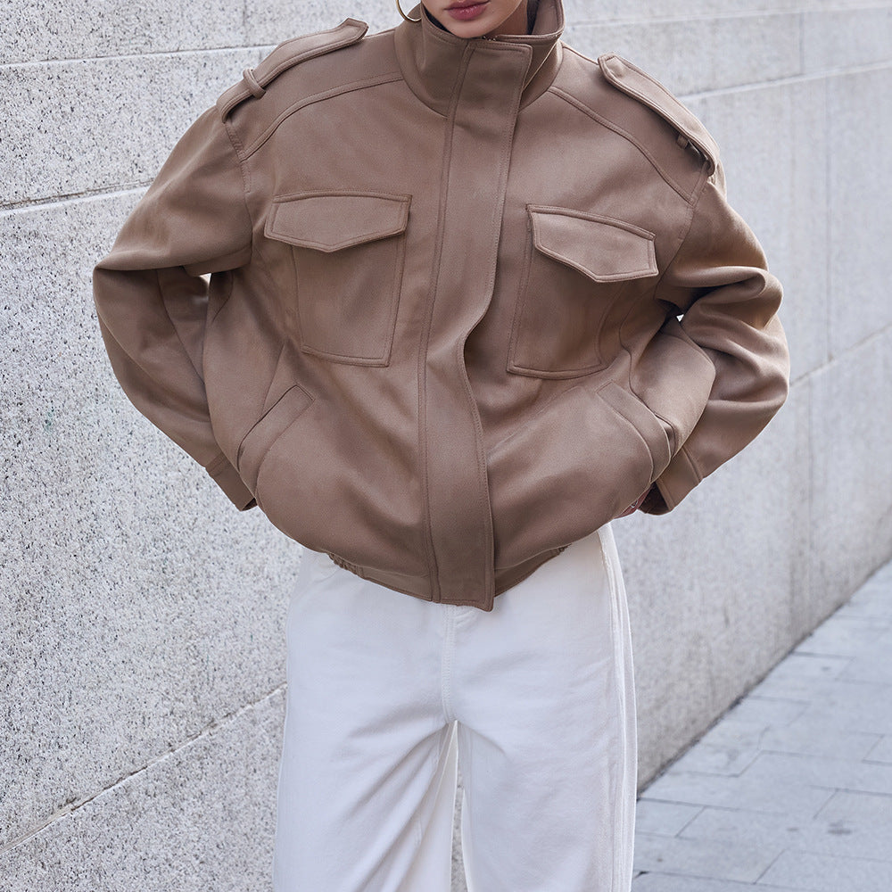 Women's field bomber jacket in suede look with high collar, flap pockets and epaulettes Amarae