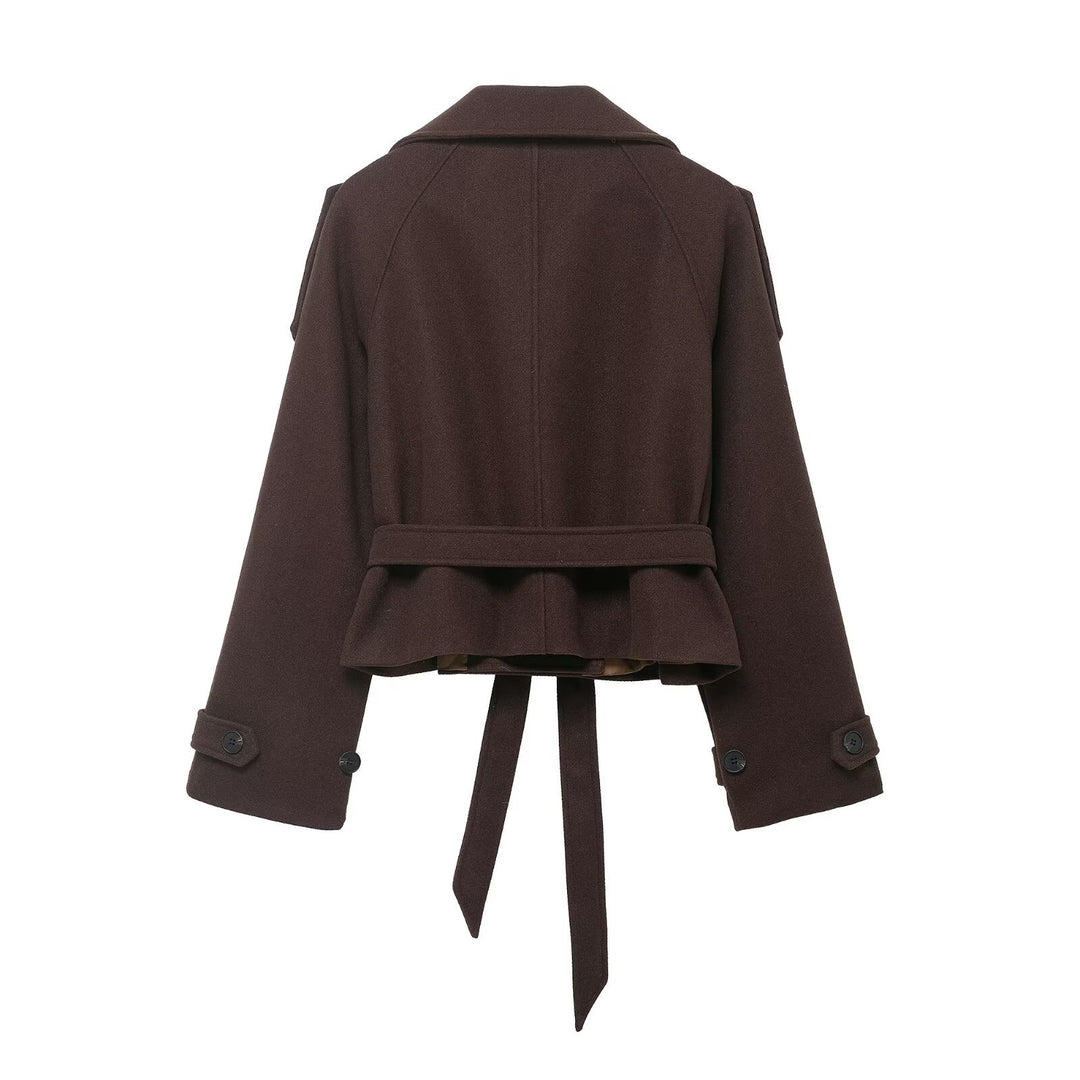 Women's Cropped Wool Blend Short Coat with High Stand-up Collar, Epaulettes, and Waist Belt Amarae