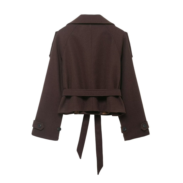 Women's Cropped Wool Blend Short Coat with High Stand-up Collar, Epaulettes, and Waist Belt Amarae