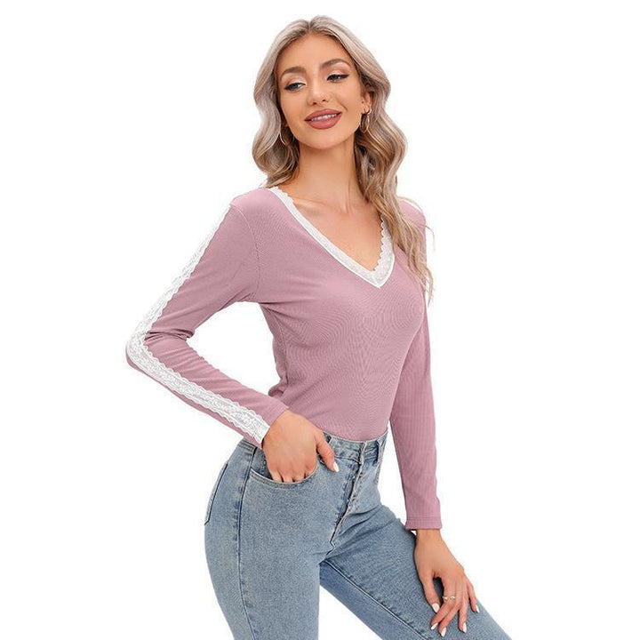 Woman Long Sleeve Top with V-neck and Lace Accents Lune London