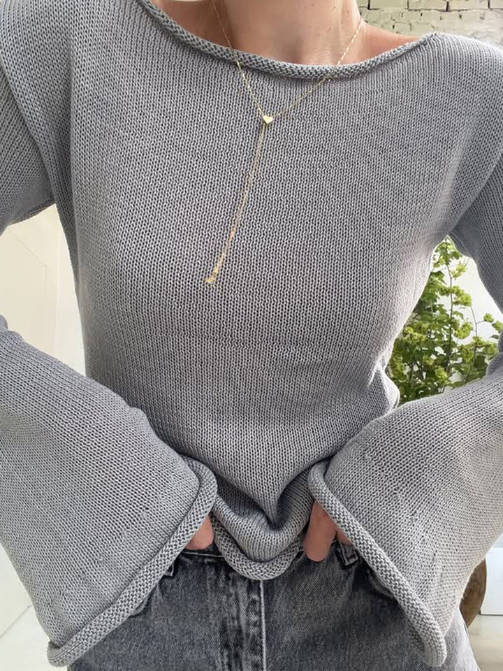 Women's chunky knit pullover with wide boat neck & extra wide trumpet sleeves Amarae