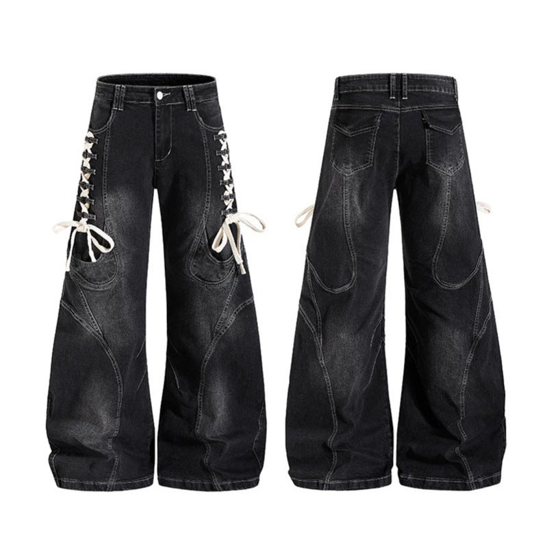 Women's wide high-waisted denim culotte with side lacing and cargo pockets Amarae